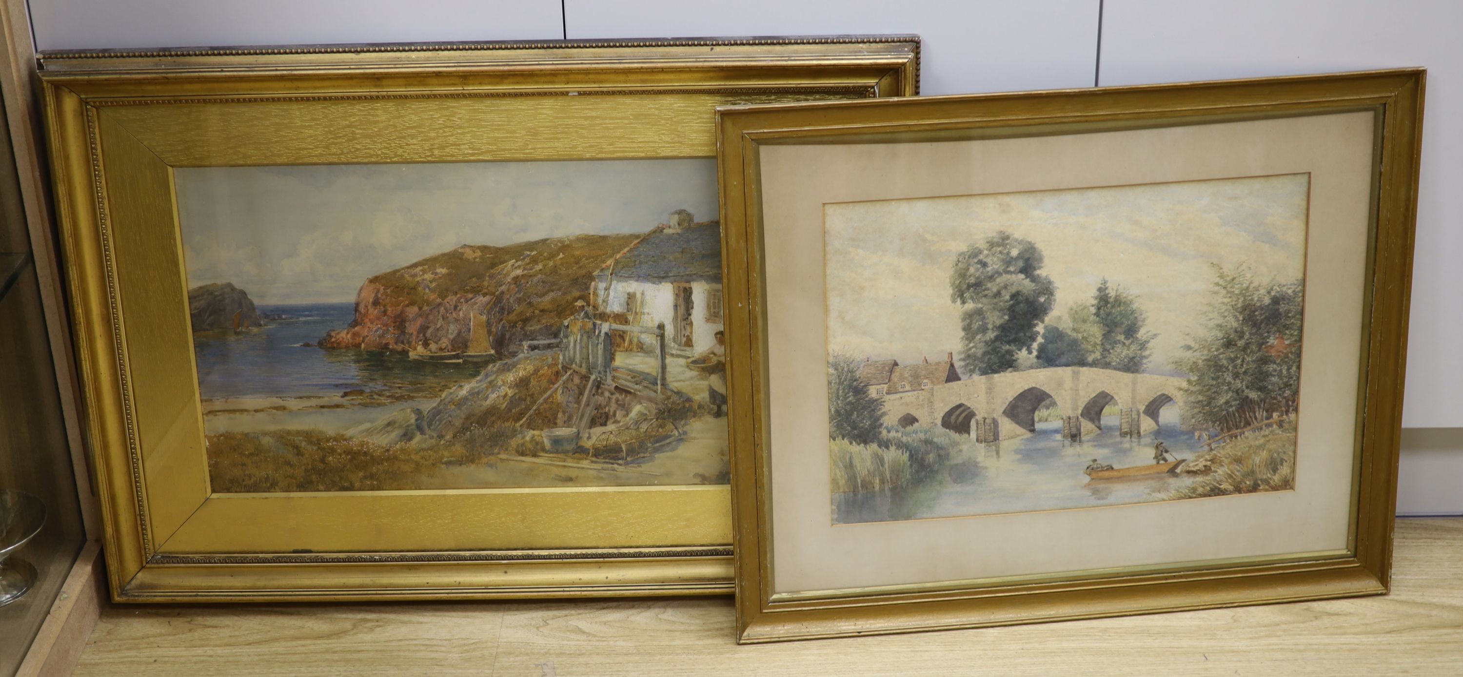 Richard Wane (1852-1904), watercolour, Cornish harbour scene, signed, 35 x 59cm. and a watercolour of a punt beside a bridge, 33 x 47cm.